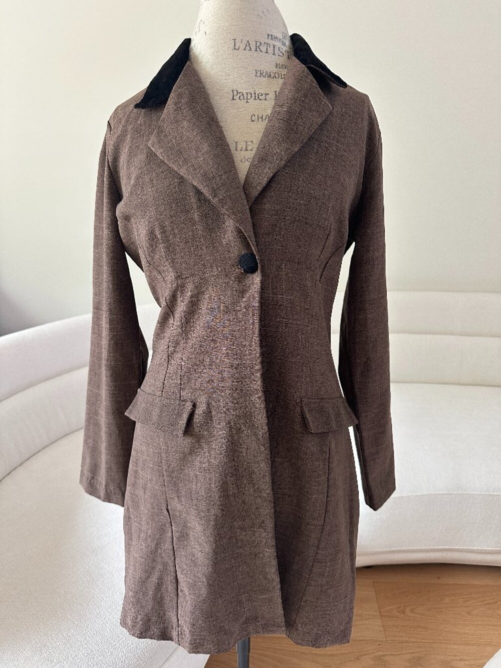 Vintage 90s B’Time Brown Blazer Velvet Collar Fitted Longline Riding Jacket